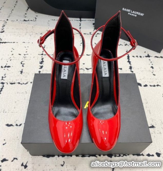 Unique Discount Alaia Decollete Pumps 10.5cm in Patent Calfskin with Ankle Strap Red 1223063