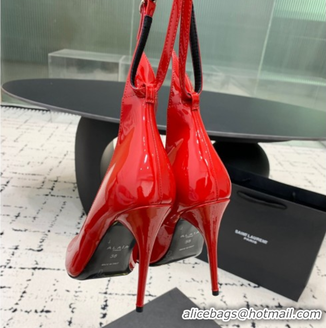 Unique Discount Alaia Decollete Pumps 10.5cm in Patent Calfskin with Ankle Strap Red 1223063