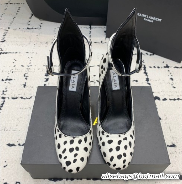 Unique Style Alaia Decollete Pumps 10.5cm in Printed Haircalf with Ankle Strap Black/White 1223064