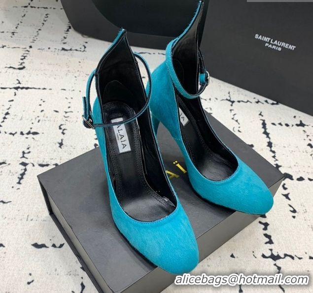 Good Looking Alaia Decollete Pumps 10.5cm in Haircalf with Ankle Strap Blue 1223065