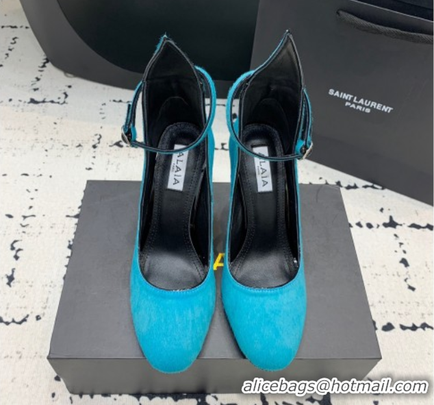 Good Looking Alaia Decollete Pumps 10.5cm in Haircalf with Ankle Strap Blue 1223065