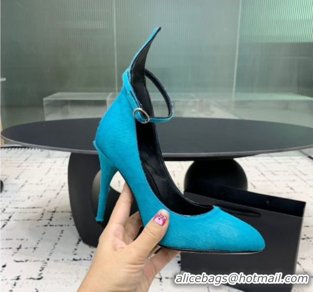 Good Looking Alaia Decollete Pumps 10.5cm in Haircalf with Ankle Strap Blue 1223065