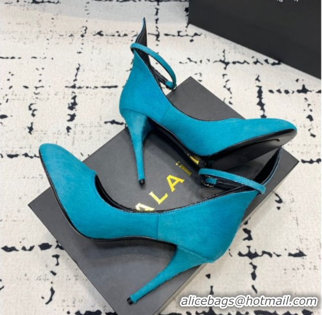 Good Looking Alaia Decollete Pumps 10.5cm in Haircalf with Ankle Strap Blue 1223065