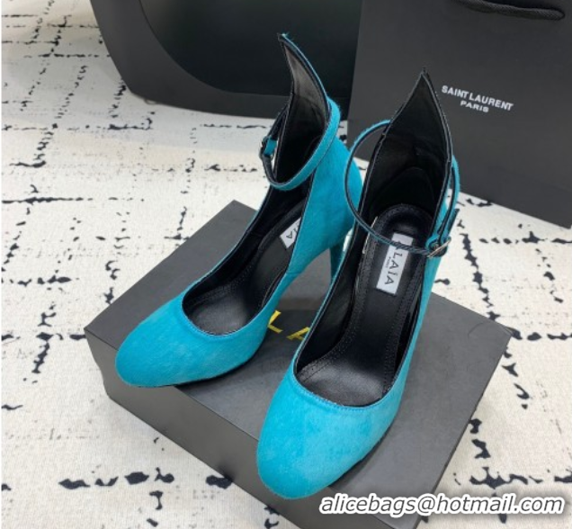 Good Looking Alaia Decollete Pumps 10.5cm in Haircalf with Ankle Strap Blue 1223065