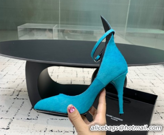 Good Looking Alaia Decollete Pumps 10.5cm in Haircalf with Ankle Strap Blue 1223065