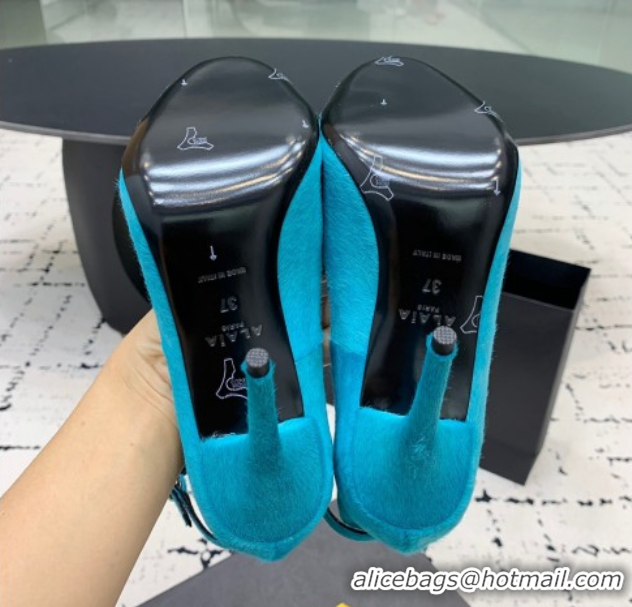 Good Looking Alaia Decollete Pumps 10.5cm in Haircalf with Ankle Strap Blue 1223065