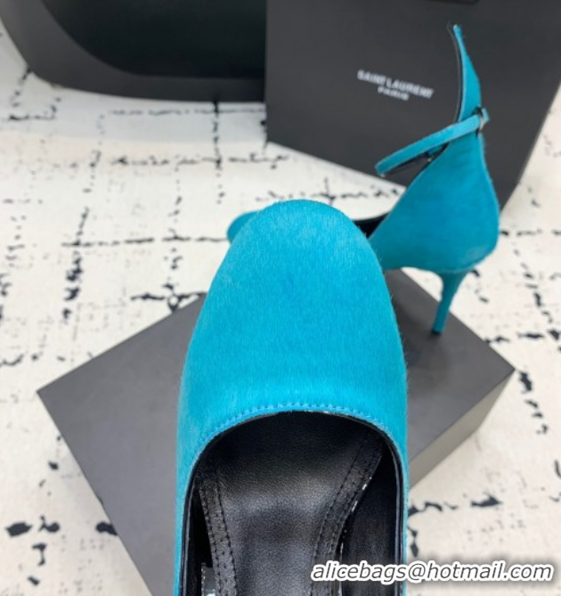 Good Looking Alaia Decollete Pumps 10.5cm in Haircalf with Ankle Strap Blue 1223065