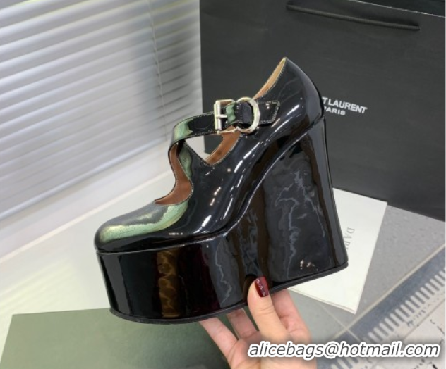 Buy Discount Maison Alaia Criss Cross Wedge Pumps 14.5cm in Patent Calfskin Black 0219005