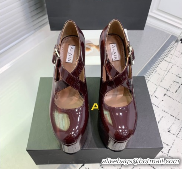 Pretty Style Maison Alaia Criss Cross Wedge Pumps 14.5cm in Patent Calfskin Dark Burgundy 0219006