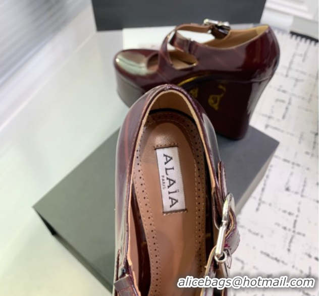 Pretty Style Maison Alaia Criss Cross Wedge Pumps 14.5cm in Patent Calfskin Dark Burgundy 0219006