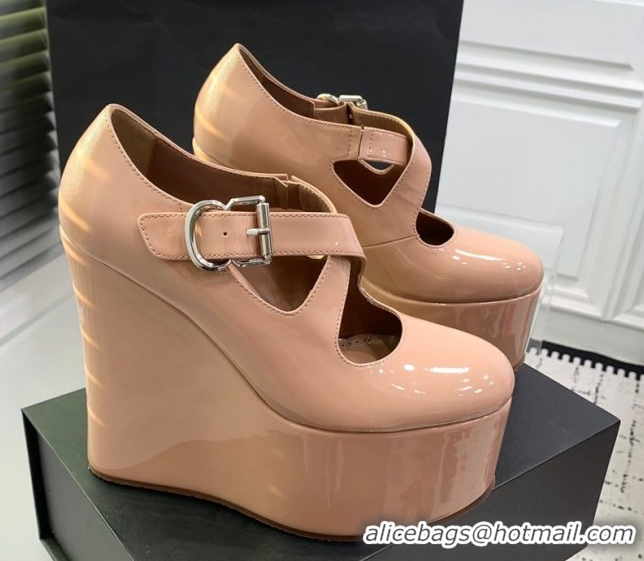Top Grade Maison Alaia Criss Cross Wedge Pumps 14.5cm in Patent Calfskin Nude 0219007