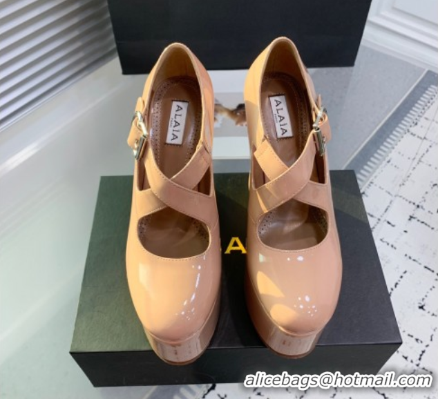 Top Grade Maison Alaia Criss Cross Wedge Pumps 14.5cm in Patent Calfskin Nude 0219007