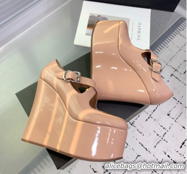 Top Grade Maison Alaia Criss Cross Wedge Pumps 14.5cm in Patent Calfskin Nude 0219007