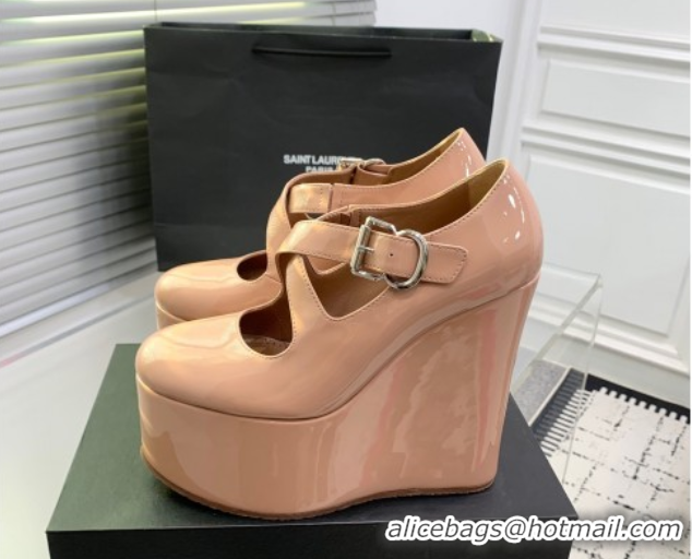 Top Grade Maison Alaia Criss Cross Wedge Pumps 14.5cm in Patent Calfskin Nude 0219007