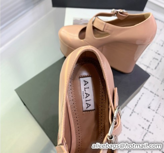 Top Grade Maison Alaia Criss Cross Wedge Pumps 14.5cm in Patent Calfskin Nude 0219007