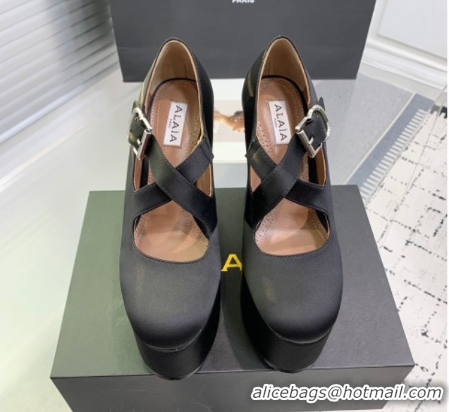 Best Grade Maison Alaia Criss Cross Wedge Pumps 14.5cm in Satin Black 0219008