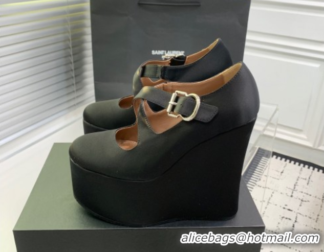 Best Grade Maison Alaia Criss Cross Wedge Pumps 14.5cm in Satin Black 0219008