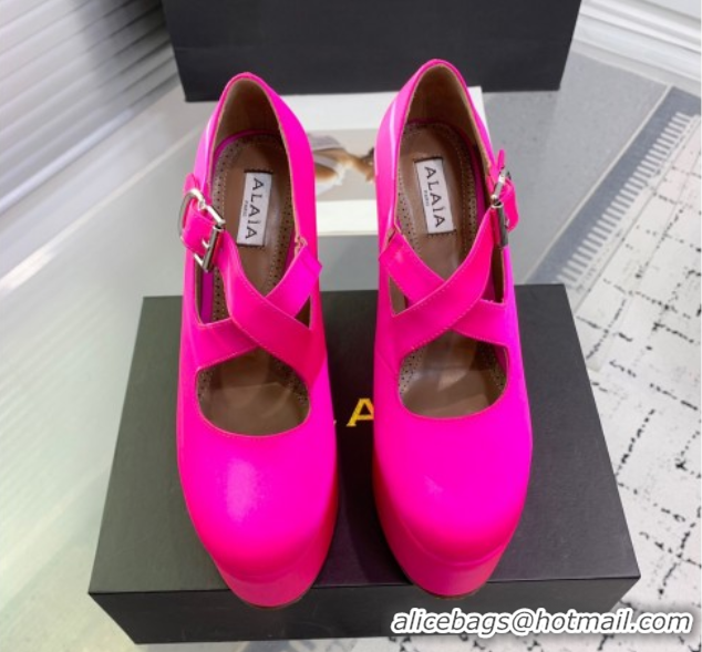 Unique Style Maison Alaia Criss Cross Wedge Pumps 14.5cm in Satin Neon Pink 0219009
