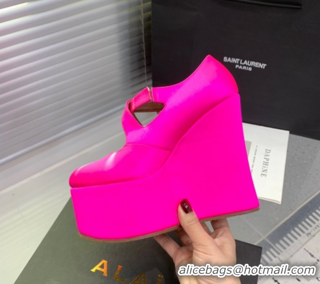 Unique Style Maison Alaia Criss Cross Wedge Pumps 14.5cm in Satin Neon Pink 0219009