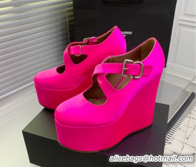 Unique Style Maison Alaia Criss Cross Wedge Pumps 14.5cm in Satin Neon Pink 0219009
