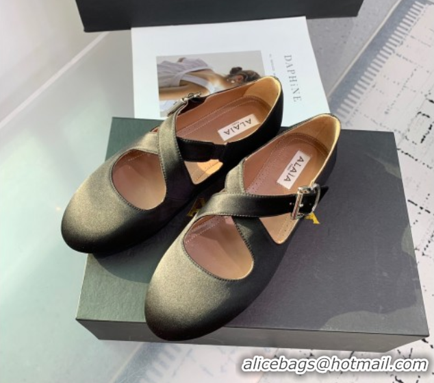 Popular Style Maison Alaia Criss Cross Ballet Flats in Satin Black 0219014