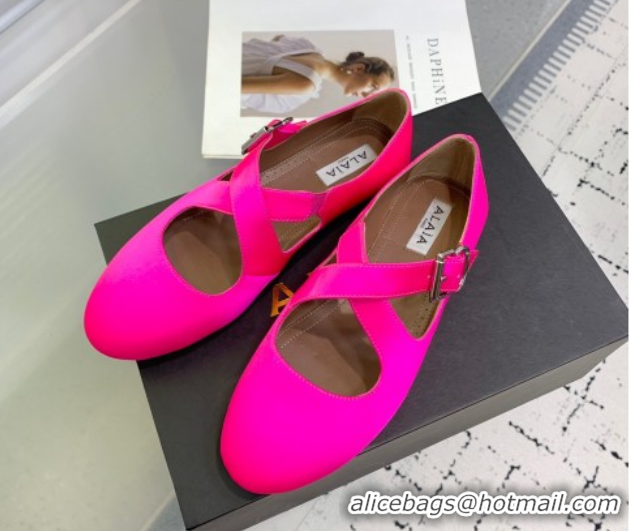 Grade Quality Maison Alaia Criss Cross Ballet Flats in Satin Neon Pink 0219015