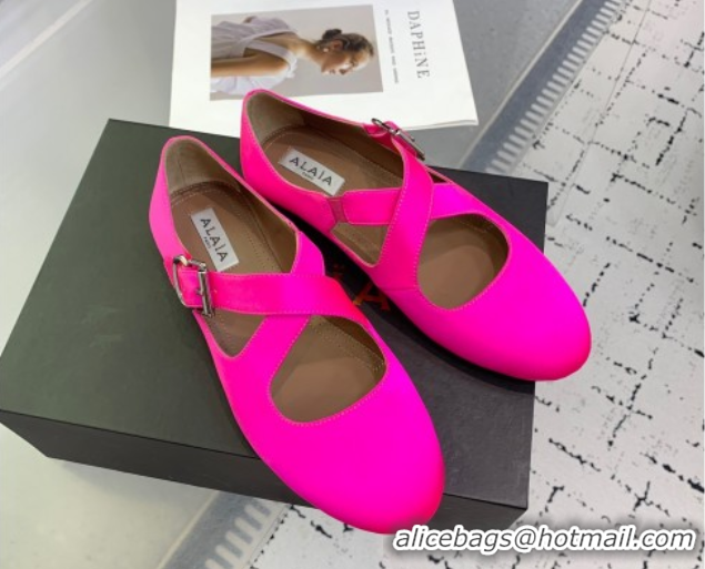 Grade Quality Maison Alaia Criss Cross Ballet Flats in Satin Neon Pink 0219015