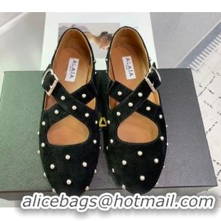 Good Quality Maison Alaia Criss Cross Ballet Flats in Suede and Studs Black 0219016