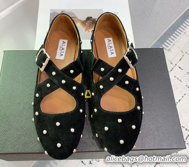 Good Quality Maison Alaia Criss Cross Ballet Flats in Suede and Studs Black 0219016