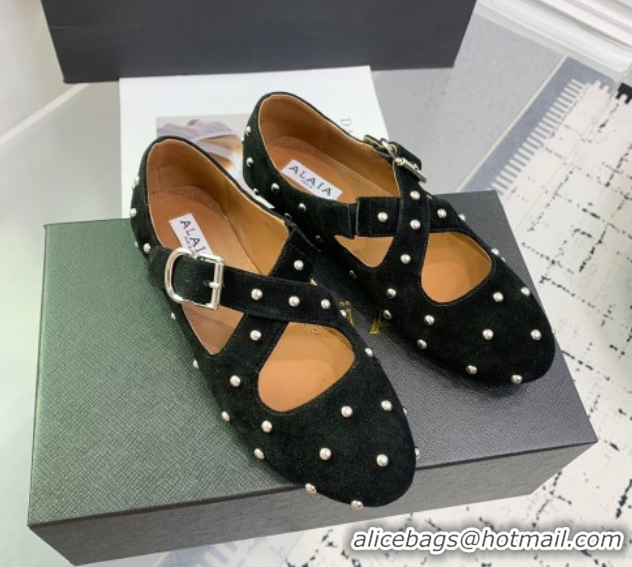 Good Quality Maison Alaia Criss Cross Ballet Flats in Suede and Studs Black 0219016