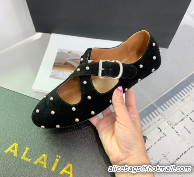 Good Quality Maison Alaia Criss Cross Ballet Flats in Suede and Studs Black 0219016