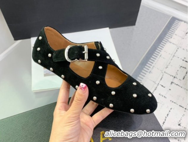 Good Quality Maison Alaia Criss Cross Ballet Flats in Suede and Studs Black 0219016