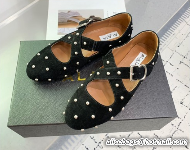 Good Quality Maison Alaia Criss Cross Ballet Flats in Suede and Studs Black 0219016