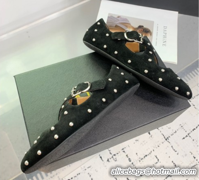 Good Quality Maison Alaia Criss Cross Ballet Flats in Suede and Studs Black 0219016