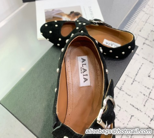 Good Quality Maison Alaia Criss Cross Ballet Flats in Suede and Studs Black 0219016