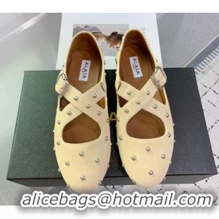 Shop Cheap Maison Alaia Criss Cross Ballet Flats in Suede and Studs Light Yellow 0219017