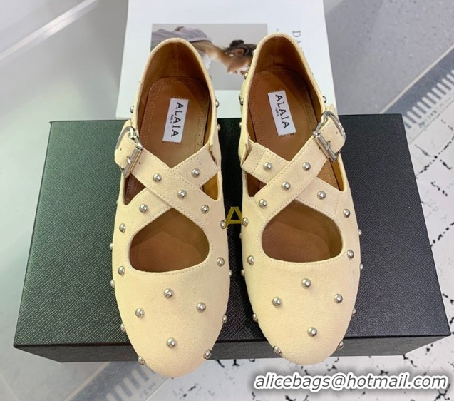 Shop Cheap Maison Alaia Criss Cross Ballet Flats in Suede and Studs Light Yellow 0219017