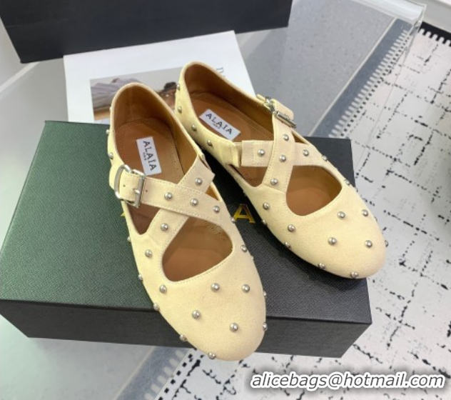 Shop Cheap Maison Alaia Criss Cross Ballet Flats in Suede and Studs Light Yellow 0219017