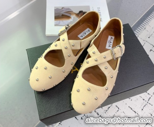 Shop Cheap Maison Alaia Criss Cross Ballet Flats in Suede and Studs Light Yellow 0219017