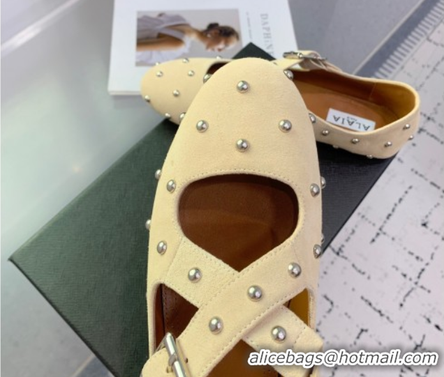 Shop Cheap Maison Alaia Criss Cross Ballet Flats in Suede and Studs Light Yellow 0219017