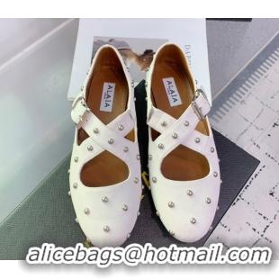 Pretty Style Maison Alaia Criss Cross Ballet Flats in Suede and Studs White 0219018