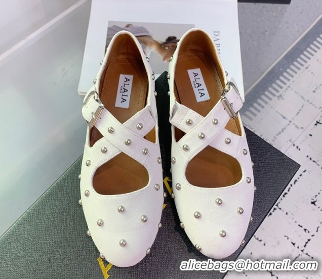 Pretty Style Maison Alaia Criss Cross Ballet Flats in Suede and Studs White 0219018