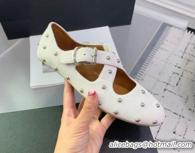 Pretty Style Maison Alaia Criss Cross Ballet Flats in Suede and Studs White 0219018