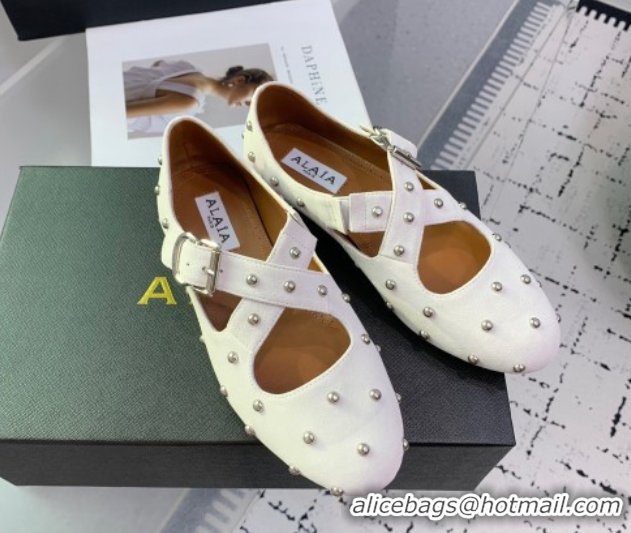 Pretty Style Maison Alaia Criss Cross Ballet Flats in Suede and Studs White 0219018