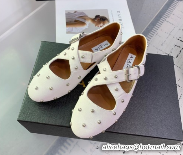 Pretty Style Maison Alaia Criss Cross Ballet Flats in Suede and Studs White 0219018