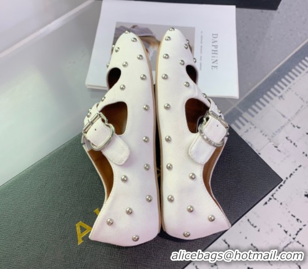 Pretty Style Maison Alaia Criss Cross Ballet Flats in Suede and Studs White 0219018