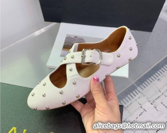 Pretty Style Maison Alaia Criss Cross Ballet Flats in Suede and Studs White 0219018