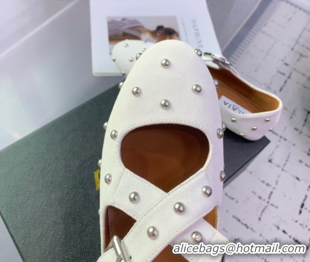 Pretty Style Maison Alaia Criss Cross Ballet Flats in Suede and Studs White 0219018