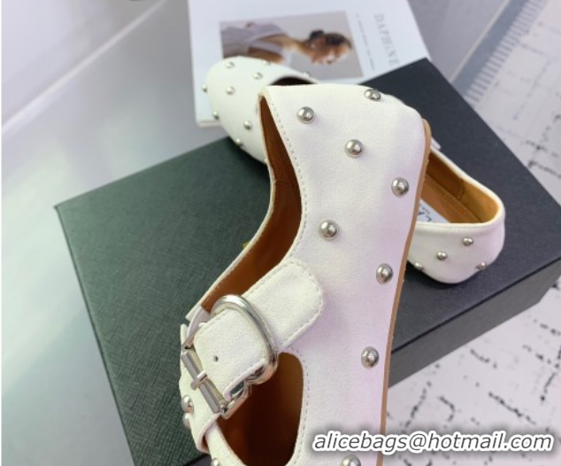 Pretty Style Maison Alaia Criss Cross Ballet Flats in Suede and Studs White 0219018