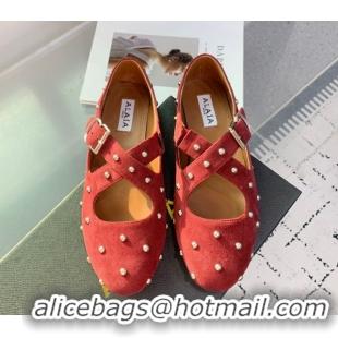 Durable Maison Alaia Criss Cross Ballet Flats in Suede and Studs Red Brown 0219019